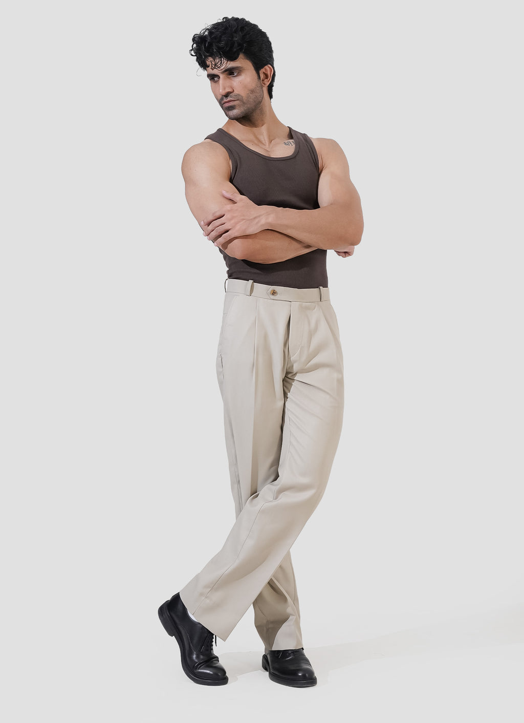 Beige Single Pleated Pants