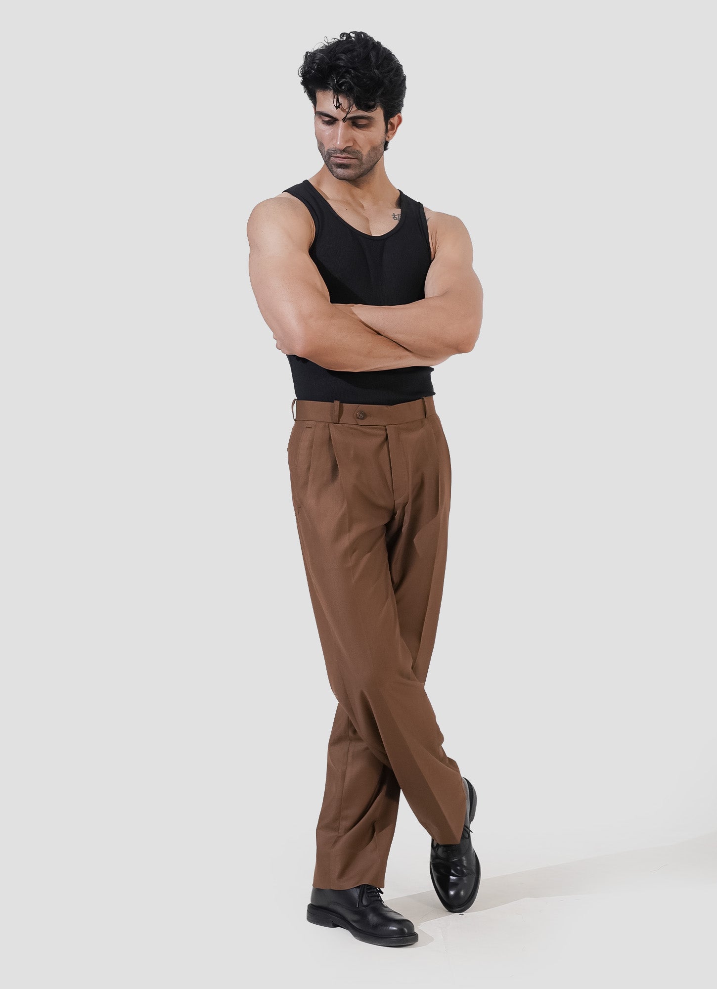 Double Pleated Pants — Brown